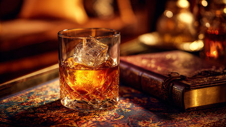 Whiskey with ice in a glass on the background of an old bookの素材