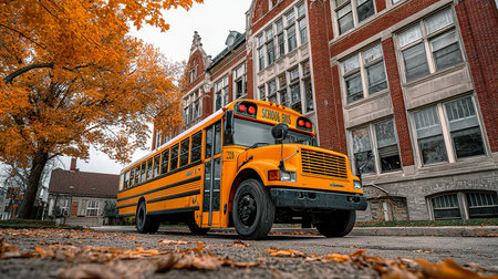 Yellow school bus parked in front of the school building in the fall seasonの素材