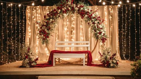 Wedding arch with red chairs on the background of a garlandの素材