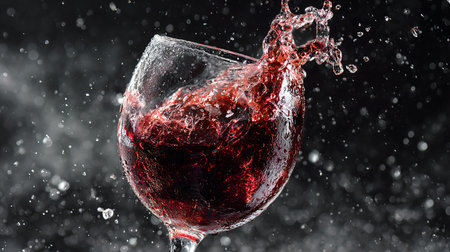 Red wine splashing out of a glass on a black background.の素材
