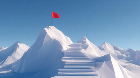 Stairs leading to a red flag on top of a mountain in winterの素材