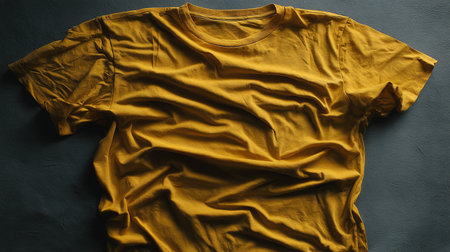 Yellow t-shirt on a dark background. T-shirt top viewの素材