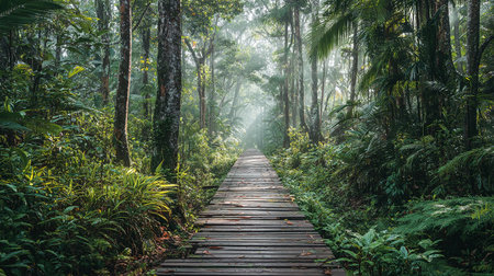 Wooden walkway in tropical rainforest with fog and sunlight.の素材