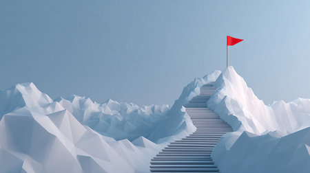 Conceptual image with stairs leading to red flag on top of mountainの素材