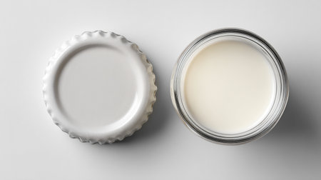 Top view of two open jars with milk on white background, 3d renderingの素材