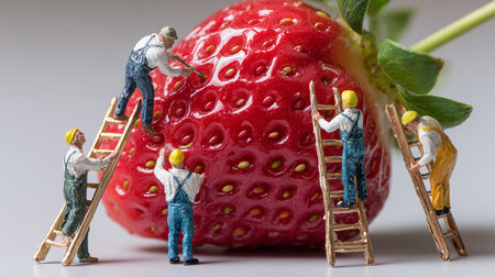 Strawberry and miniature people. Conceptual image of teamwork.の素材