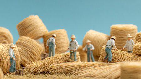 Miniature people : Farmers working on rice straw for agriculture concept.の素材