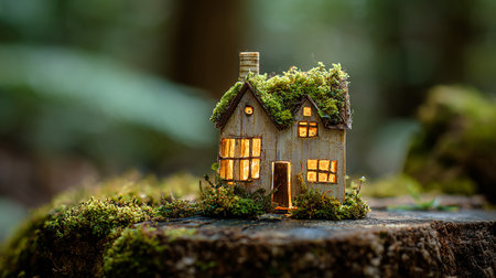 Miniature house with moss in the forest. Selective focus.の素材