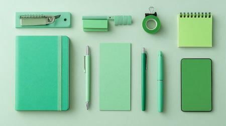 Green stationery on green background. Flat lay, top view.の素材