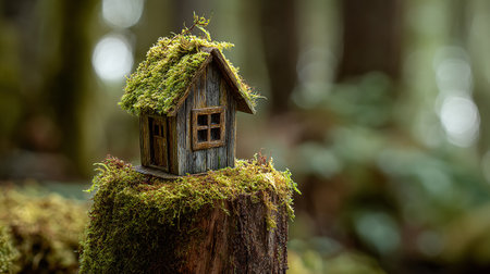 Small wooden house with moss in the forest. Selective focus.の素材