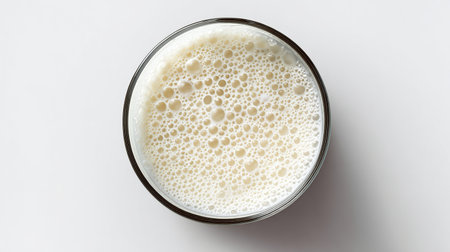 Top view of a glass of milk on a white background, close-upの素材
