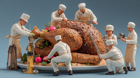 Group of chefs in white uniform working with a turkey. Conceptual 3D illustration.の素材