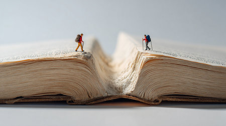 Miniature people : Traveler with backpack and walking stick on open bookの素材