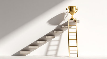 Golden trophy on stairs with shadow on white wall. 3D Renderingの素材