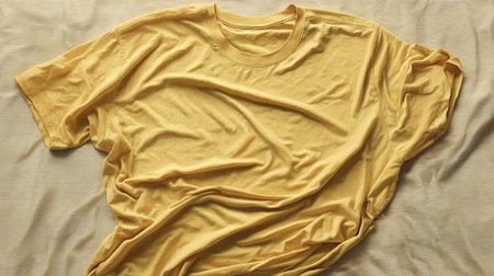 Yellow t-shirt on beige fabric, top view. Mock upの素材