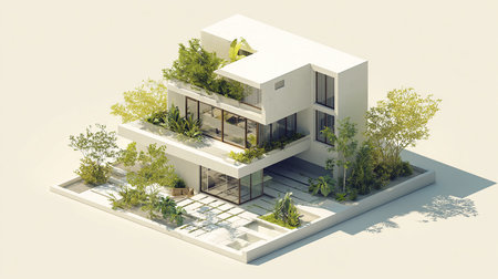 3d rendering isometric modern cozy house with garden and pool.の素材