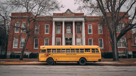School bus in front of old school building in Philadelphia, Pennsylvania.の素材