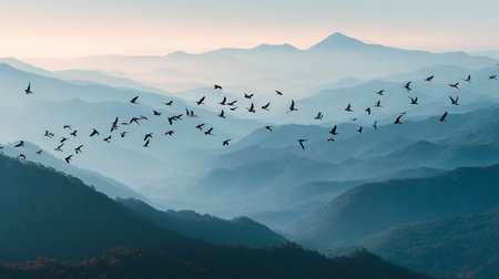 Flock of birds flying over the mountains at sunset. Nature background.の素材