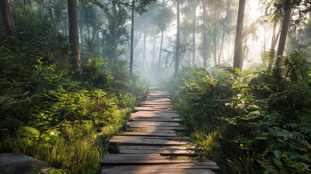 Wooden walkway in tropical forest with fog and sun light.の素材