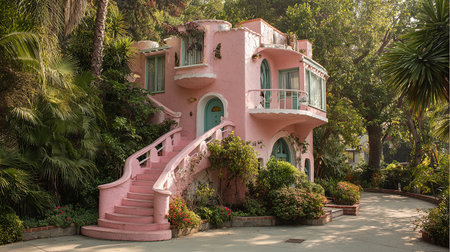 Beautiful pink house in the tropical garden. Beautiful house in the tropics.の素材