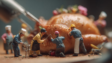 Workers decorating roasted turkey for thanksgiving dayの素材