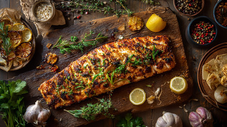 Grilled fish fillet with herbs and lemon on wooden board.の素材