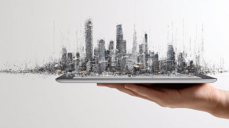 Hand holding tablet pc with modern city on screen, 3D renderingの素材