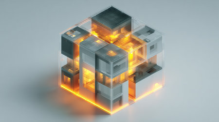 3d render of abstract building with neon lights on a gray backgroundの素材