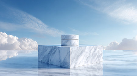 White podium on blue sky with clouds background. 3d render illustrationの素材