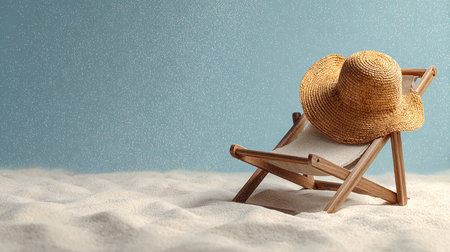 Beach chair and straw hat on the sand. 3d renderingの素材