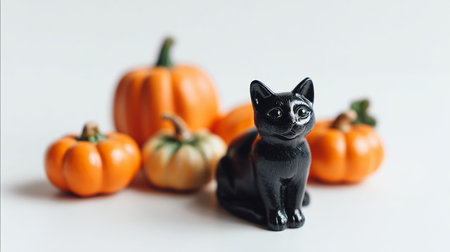 Halloween background with black cat and pumpkins on white background.の素材