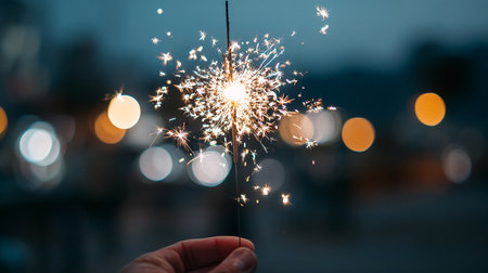 sparkler in hand on the background of the night city.の素材