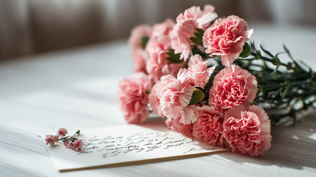 Bouquet of pink carnations on a white wooden table.の素材