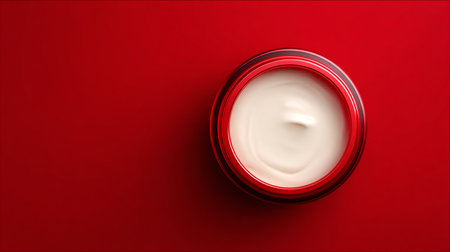 Cosmetic cream in a jar on a red background. Top view.の素材