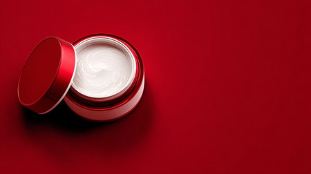Open red jar of cream on a red background. 3d illustrationの素材