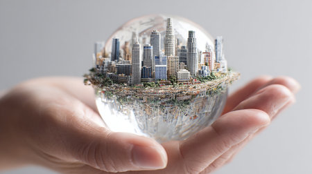 Close up of human hand holding glass globe with modern cityscape. 3D renderingの素材