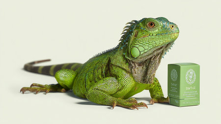 Green iguana on a white background with a box with a green certificate.の素材