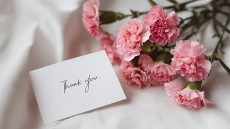 Bouquet of pink carnation flowers and card with thank you textの素材