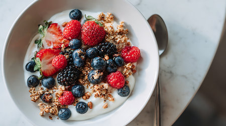 Yogurt with fresh berries and granola - Healthy food styleの素材