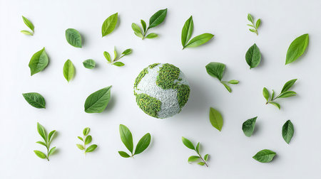 Globe and green leaves on white background, top view. Environment protection conceptの素材