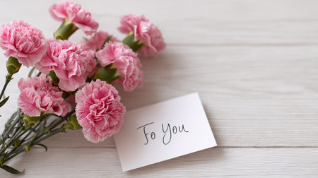 Mother's Day concept. Bouquet of pink carnations on white wooden background.の素材