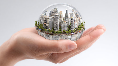 Human hand holding a glass globe with cityscape. 3d renderingの素材