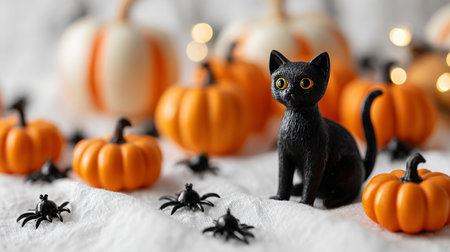 Halloween decoration with black cat, pumpkins and spiders on white backgroundの素材