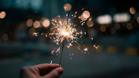 Burning sparkler in hand on bokeh background. New year conceptの素材