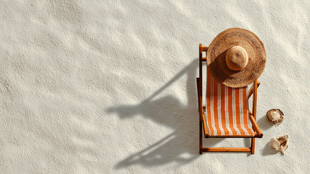 top view of deck chair with straw hat and coconut on white sandの素材