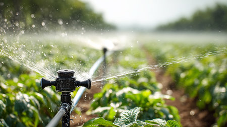Sprinkler spraying water on a field of young potatoes in summerの素材