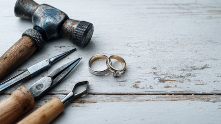 wedding rings and tools on white wooden background, copy spaceの素材