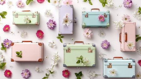 Flat lay composition with colorful travel suitcases and flowers on white backgroundの素材