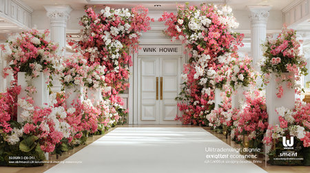 3d rendering wedding arch decorated with white and pink bougainvillea flowersの素材