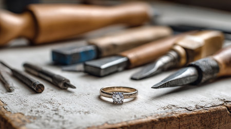 wedding ring and tools on a wooden table in the workshopの素材